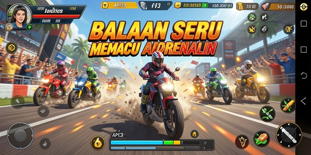 Screenshot utama menunjukkan mobil balap melaju cepat di lintasan.