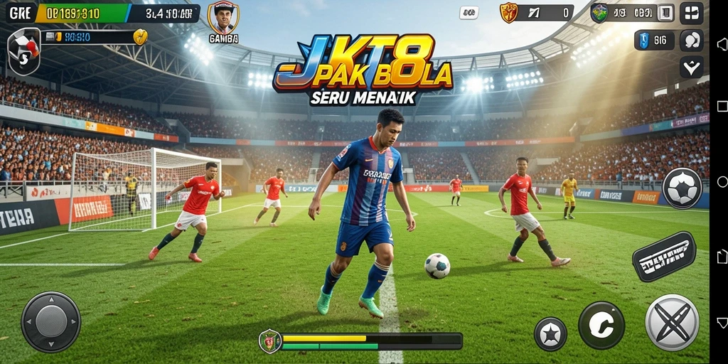 Tampilan gameplay JKT8 yang mengesankan dengan aksi sepak bola seru.