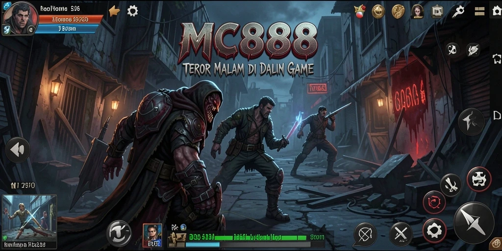 Tangkapan layar utama MC888 menunjukkan karakter dalam situasi menegangkan dan menyeramkan.