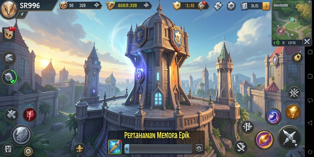 Tampilan gameplay SR996 dengan pertahanan menara yang strategis.