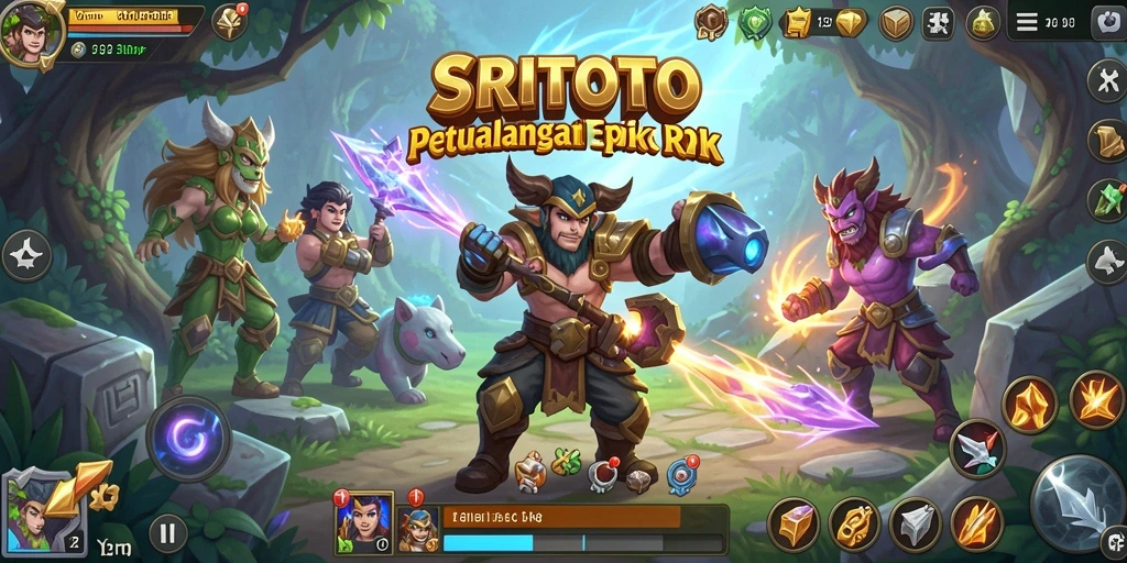 Screenshot gameplay RPG SRITOTO menunjukkan aksi pertempuran yang seru dan karakter yang berwarna.