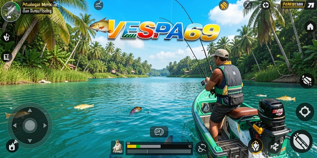 Tampilan gameplay VESPA69 yang menawan saat memancing di lokasi indah.